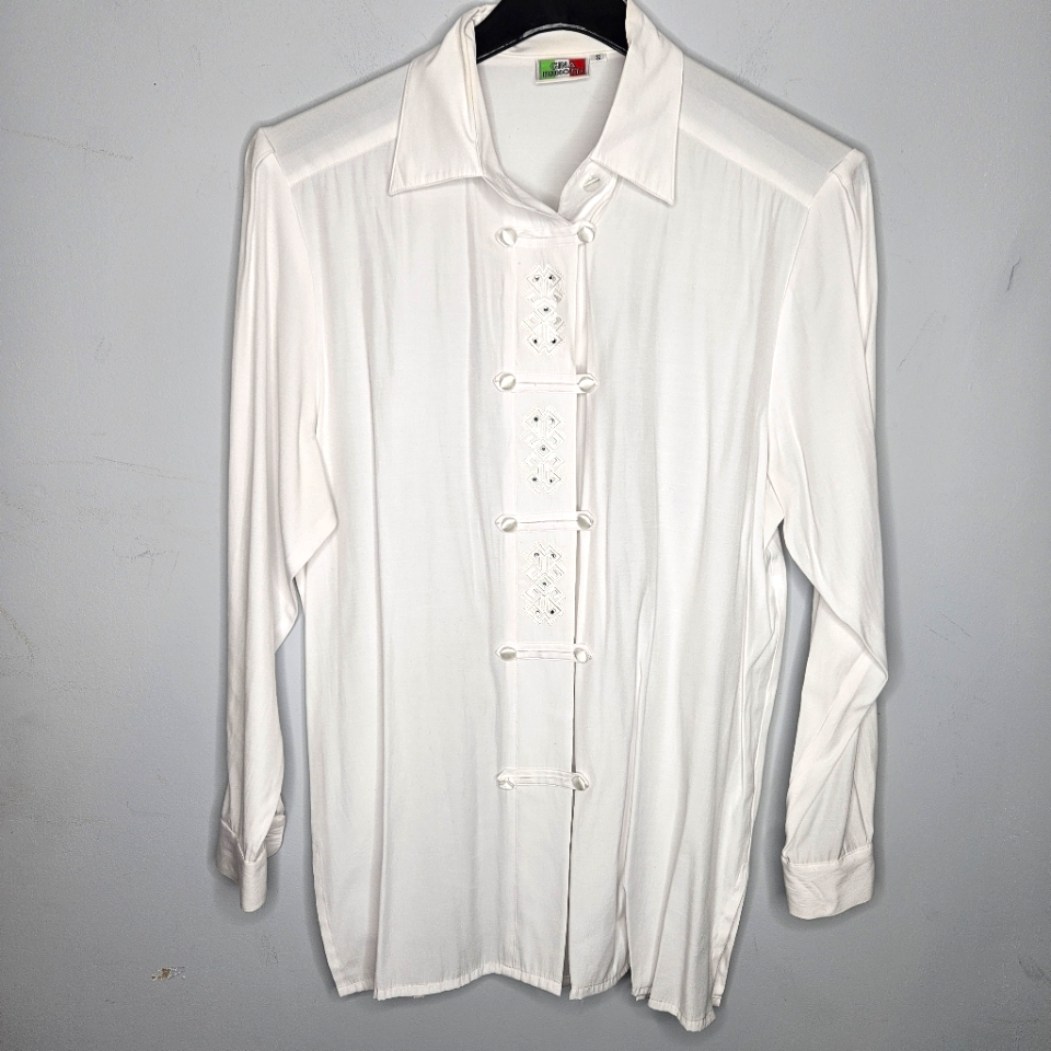 Vintage Gina Benotti Asian Style White Blouse With Rhinestones Sz Small